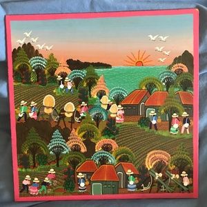 Vintage Haitian Village Sunrise Painting